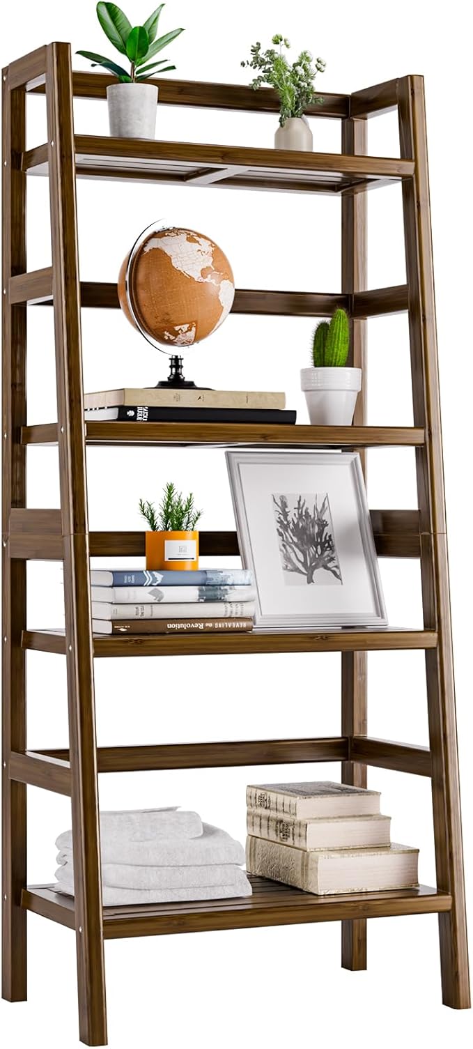 Ladder Shelf, 4-Tier Bookshelf, Bamboo Leaning Bookcase, Display Storage Rack Organizer, Freestanding Flower Plant Stand for Living Room, Home Office, Kitchen, Natural