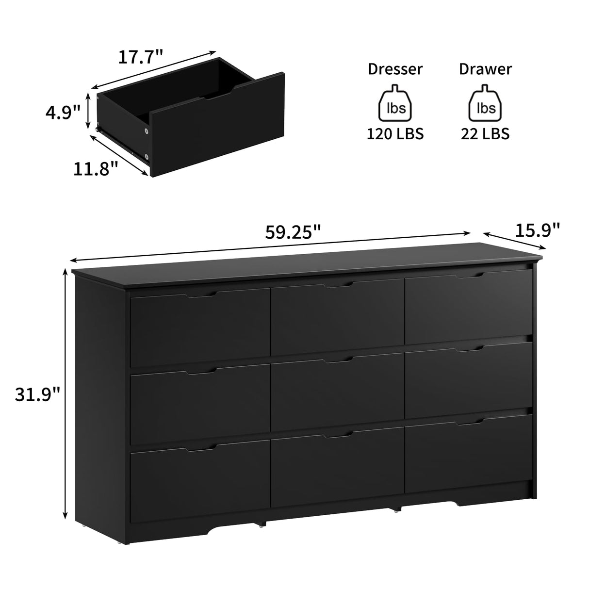 9 Drawer Black Dresser for Bedroom with Deep Drawers, Large Dressers