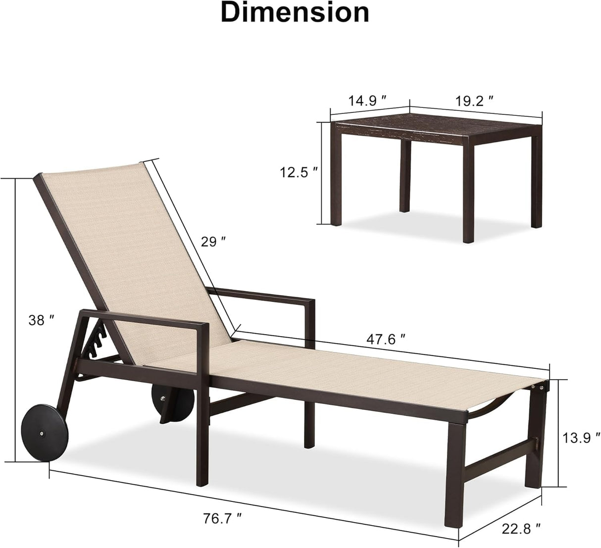 PURPLE LEAF Pool Lounge Chairs Set of 3 Aluminum Outdoor Lounge Chairs with Wheels and Armrests Adjustable Patio for Deck Outside Lawn Garden, Cream