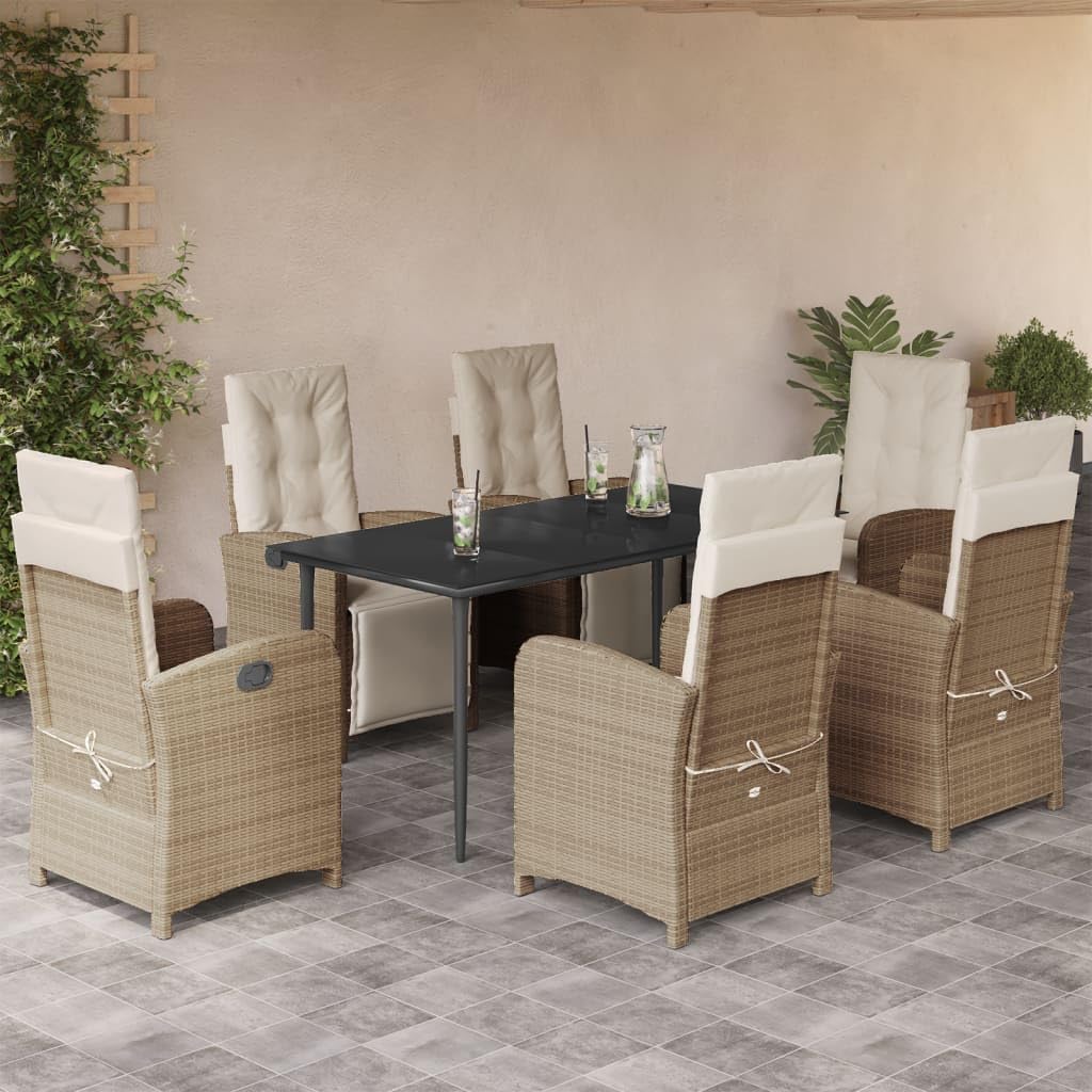 7 Piece Patio Dining Set with Cushions Beige Poly Rattan,Furniture,Outdoor Furniture