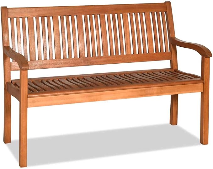 Outdoor Acacia Wood Bench, 2-Person Garden Bench with Backrest and Armrests