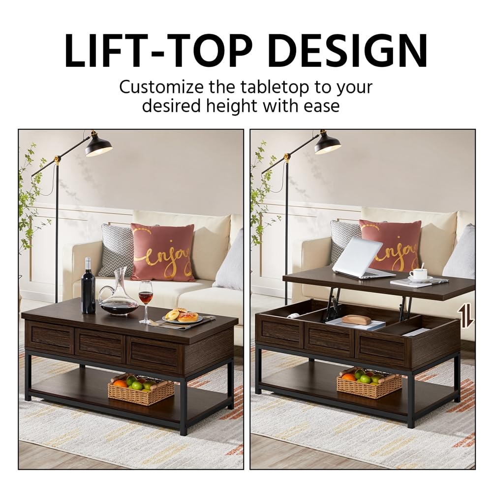 Lift Top Coffee Table with Hidden Compartments & Bottom Open Shelf