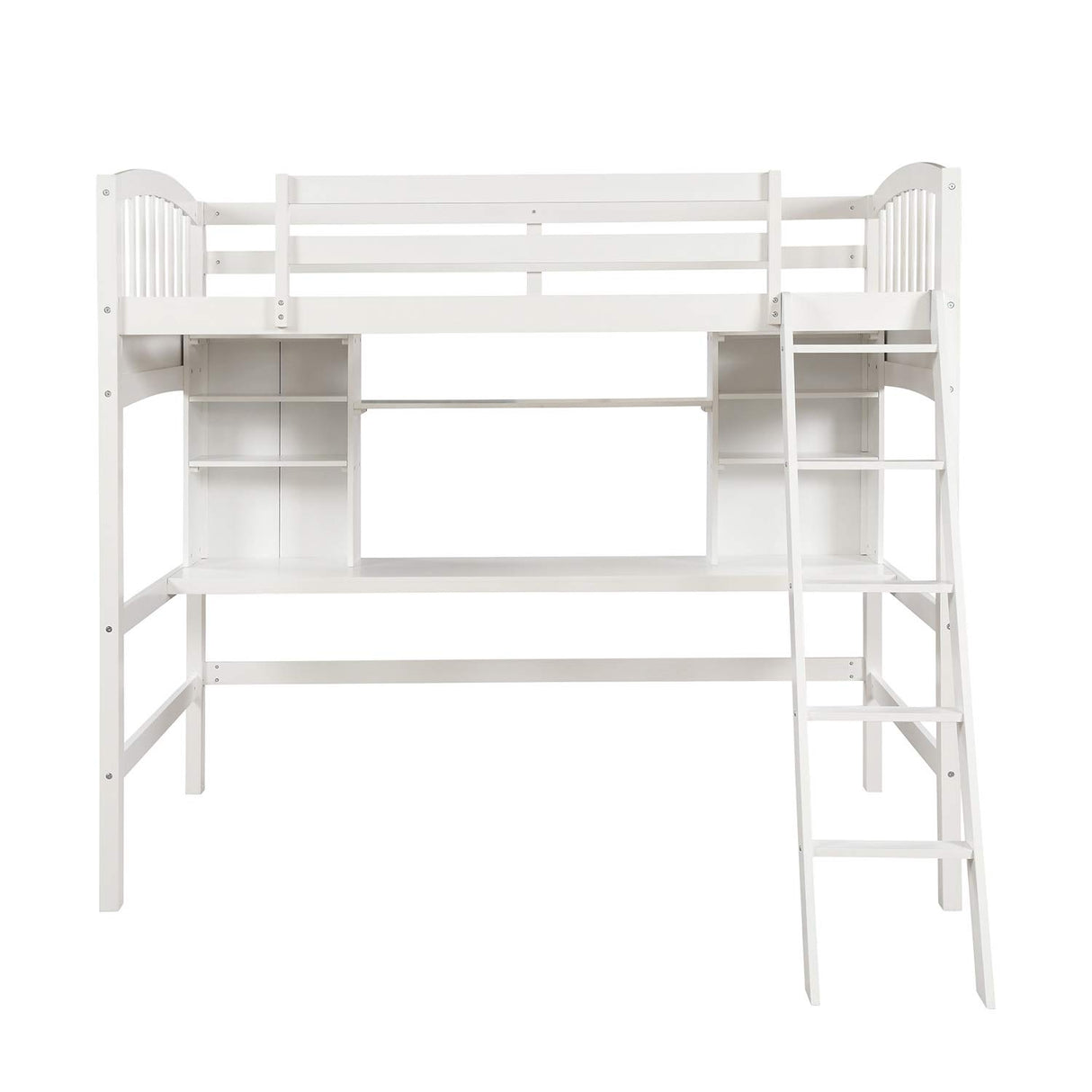Storage Shelves, Wood Twin Loft Bed Frame with Guardrails and Angled Ladder for Kids