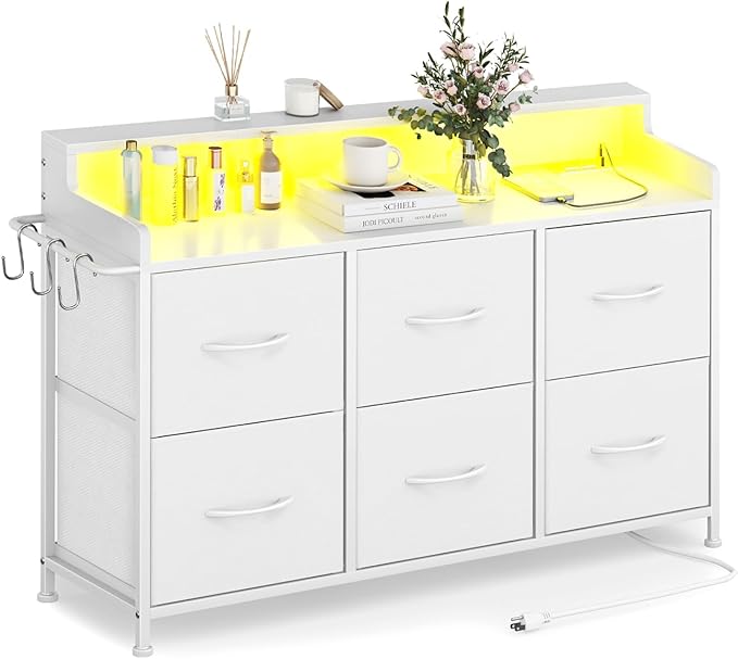 Dresser for Bedroom with 6 Drawers, LED TV Stand Dresser with Charging Station, Chest