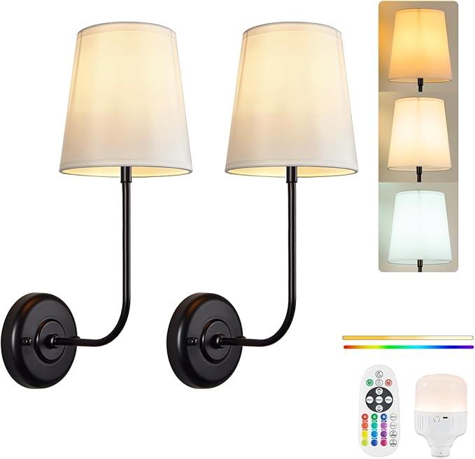 Wireless Wall Sconce Set of Two, Battery Operated Wall Sconce with Rechargeable Dimmable LED Bulbs