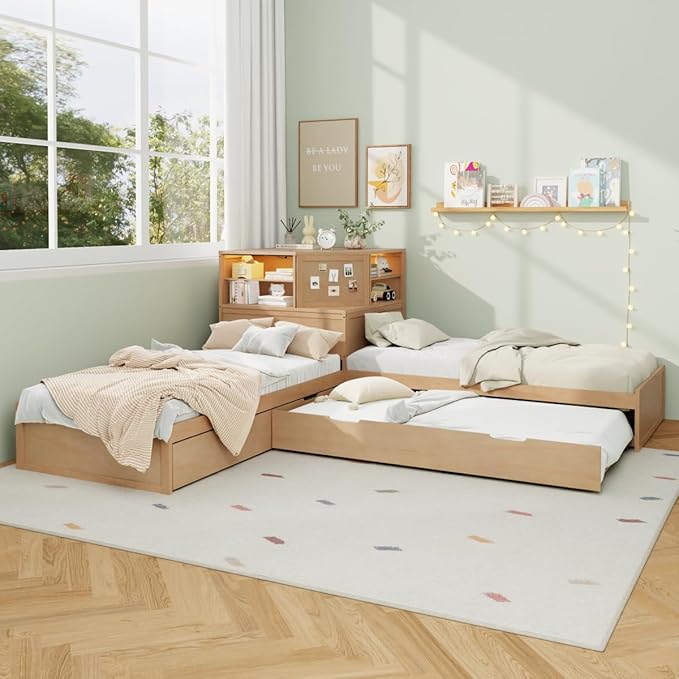 Bed with Trundle and Drawer,3-in-1 Low Corner Platform Bed Linked with Built-in Desk