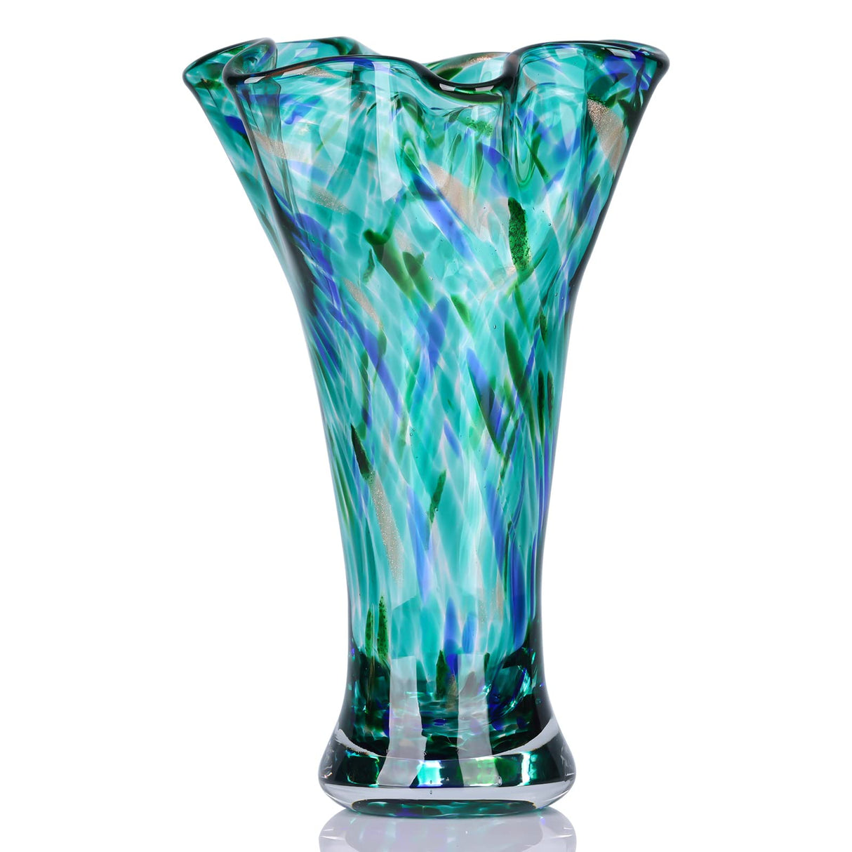 9.0" H Teal Glass Vases for Flowers, Hand Blow Glass Vase Teal Home Decor