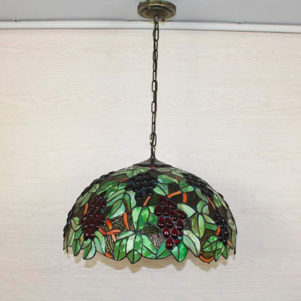 Tiffany Style Baroque Pendant Lamp Red Grape Green Leaves Stained Glass 20 Inch Shade