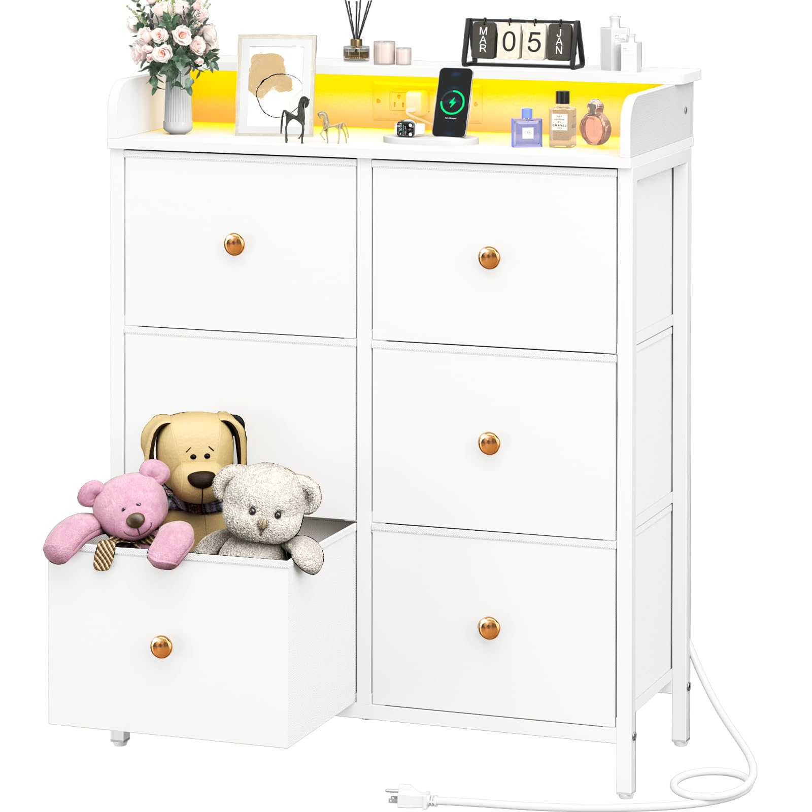 Dresser for Bedroom with Charging Station, 6-Drawer Chest Furniture with LED Lights