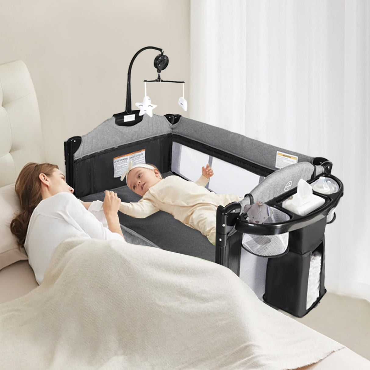 4 in 1 Portable Nursery Center, Foldable Baby Bedside Crib w/Bassinet