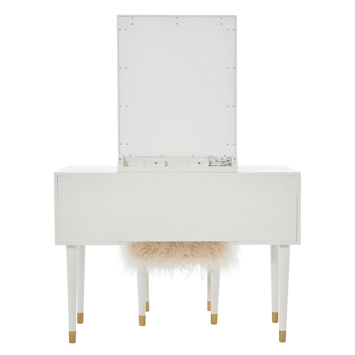 Makeup Vanity Two Piece Set with Lighted Glam Mirror Accents, White and Gold