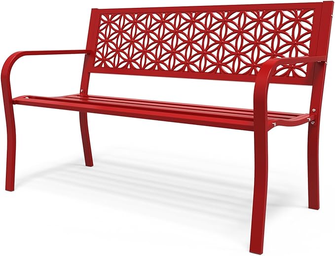 Outdoor Bench Metal with Floral Back, Garden Bench Front Porch Bench for Yard Patio