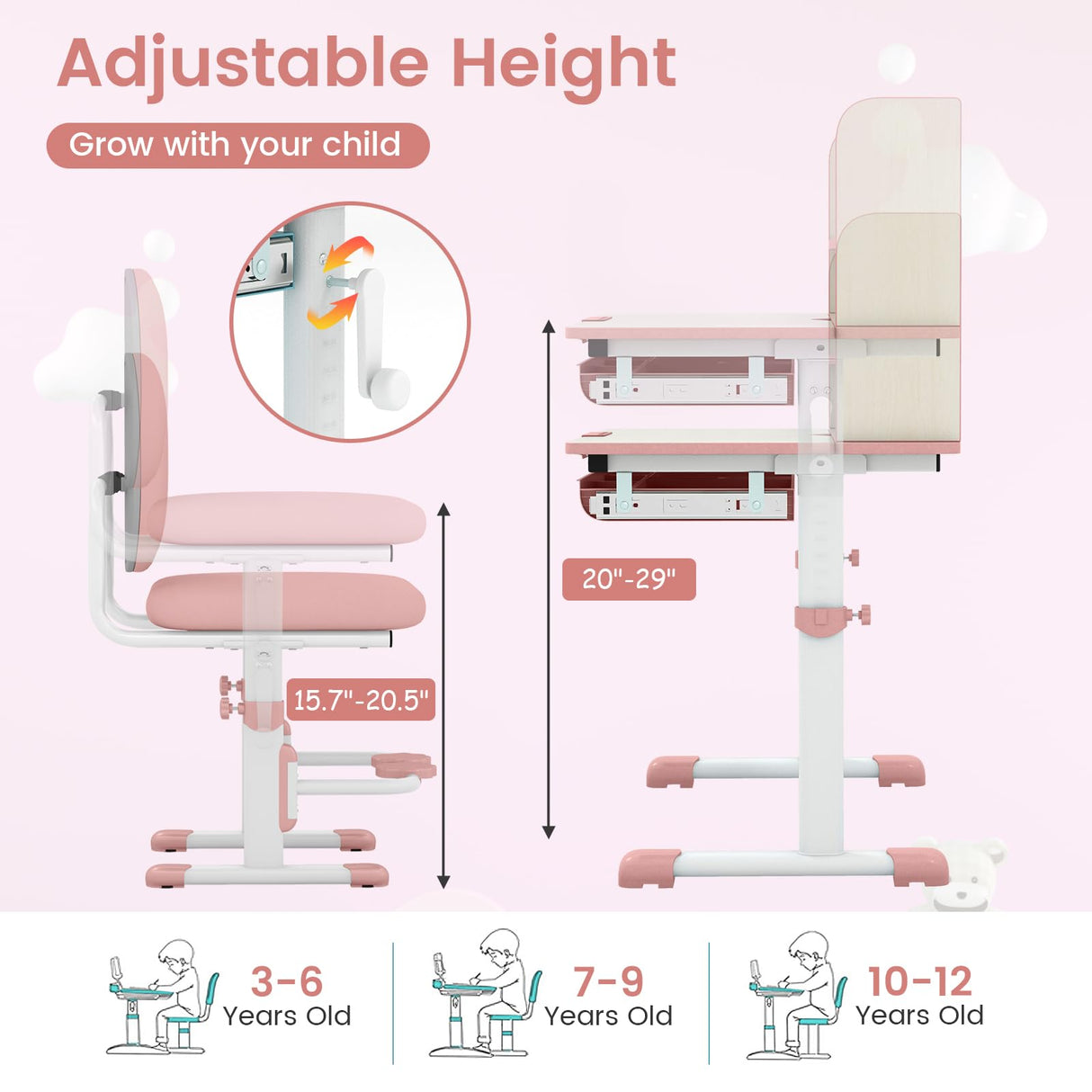 Kids Desk and Chair Set, Height Adjustable Children School Study Table