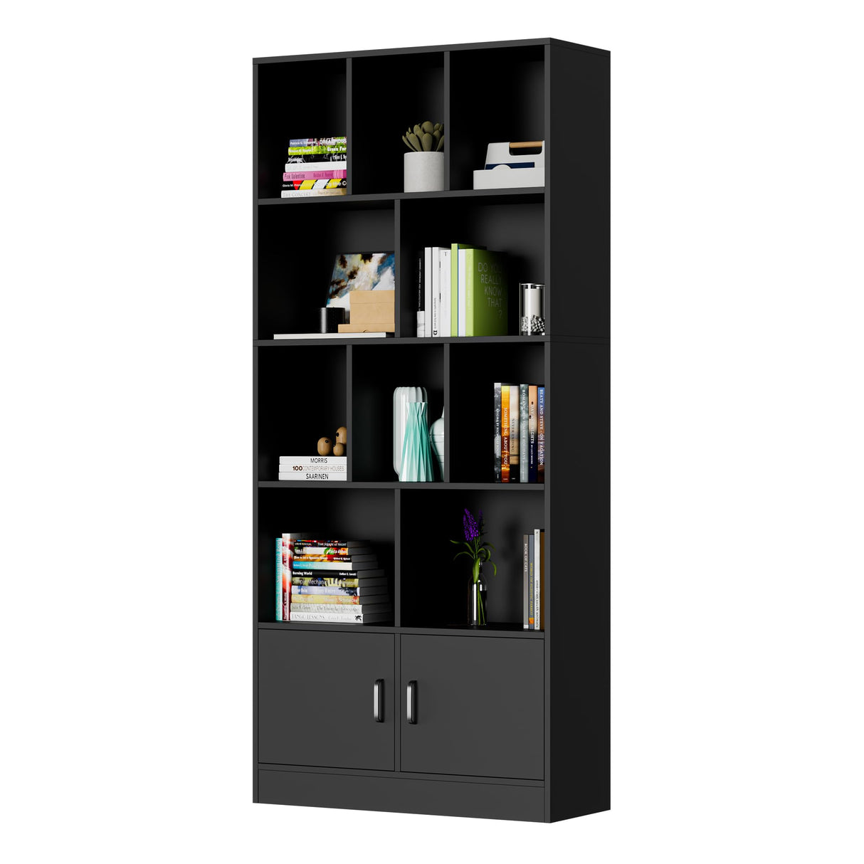 Cozy Castle 70" Tall Black Bookshelf with 12 Cubes and 2 Doors, 4-Tier Open Shelf Bookcase with Cabinet, Modern Cube Storage Organizer for Living Room, and Office
