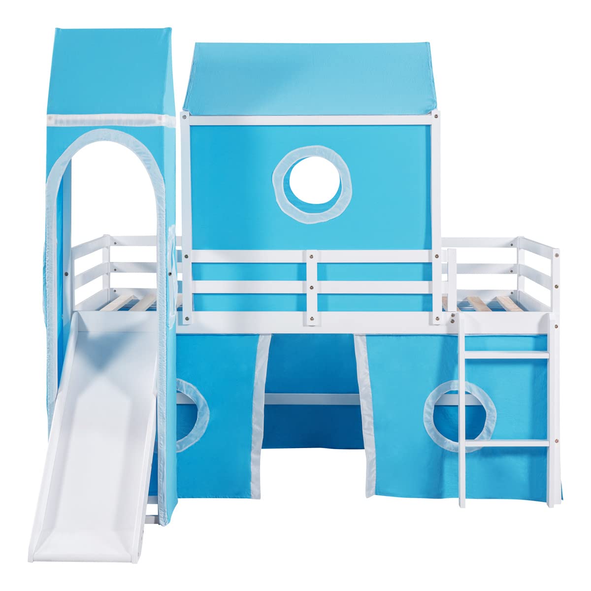 Playhouse Loft Bed,Twin Size House Bunk Bed with Slide Tent and Tower,Solid Wood Bunk Bed Frame with Roof Design and Fence Shaped Guardrails,Castle-Shaped Bunk Bed for Boys Girls,Blue