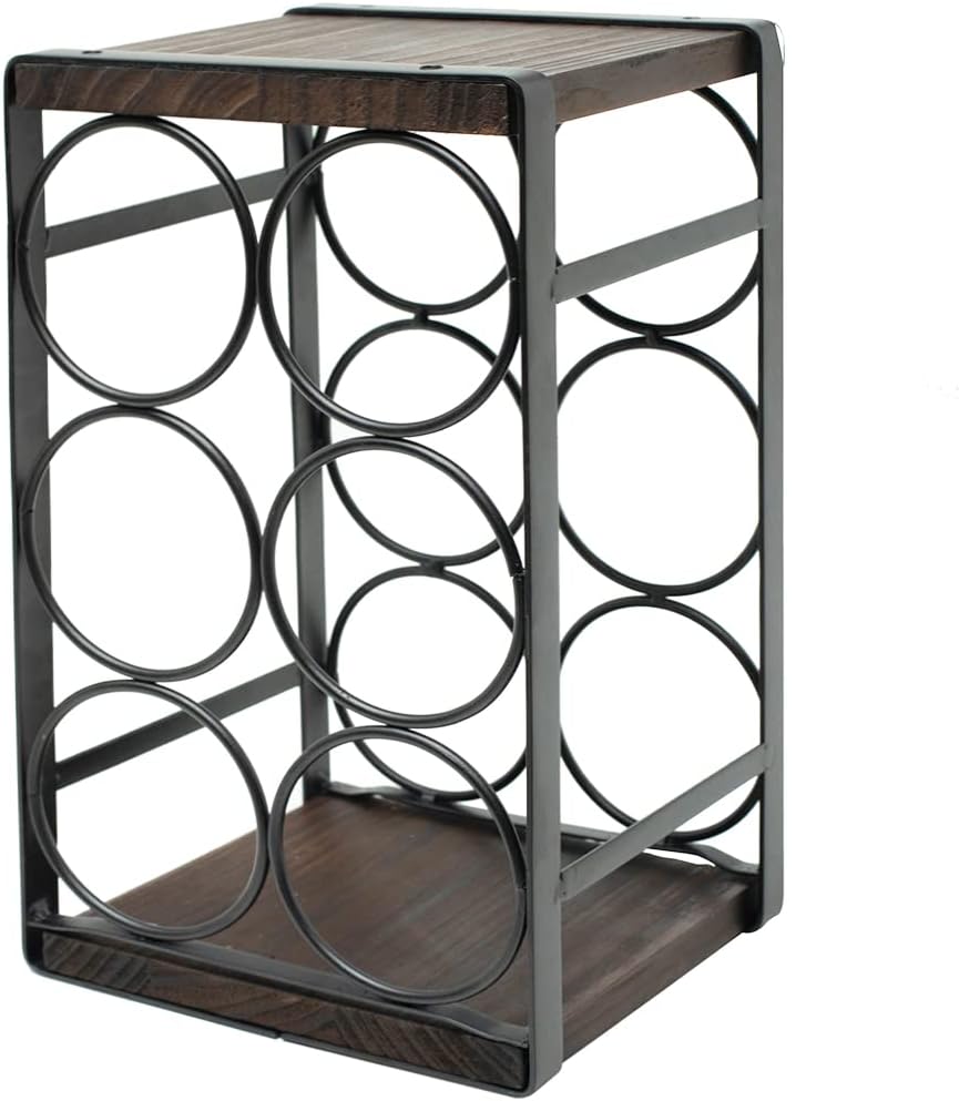 Rustic Wood & Metal Wine Rack – 6 Bottle Countertop Holder