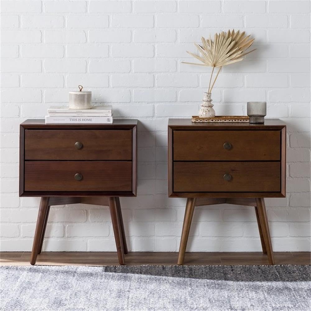 Ellwood Mid-Century Modern 2-Piece Solid Wood 2-Drawer Nightstand Set, 2 Pack