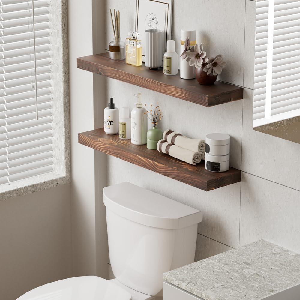 Floating Shelves Set of 2, Natural Pine Wood Shelf for Bathroom Bedroom Kitchen