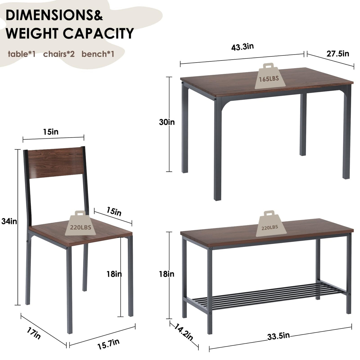 4-Piece Kitchen Table and 2 Chairs for 4 with Bench, Dining Table Set for Small Space