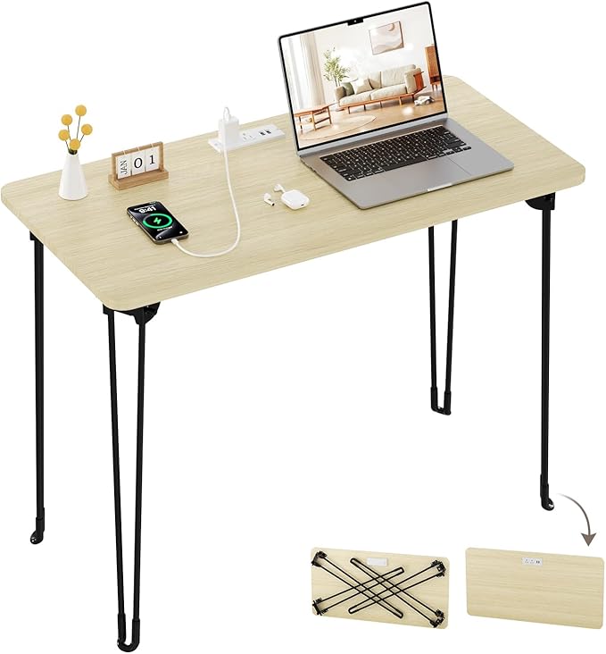 Folding Desk, 31.5" Hairpin Legs Small Desk with Power Strip for Bedroom