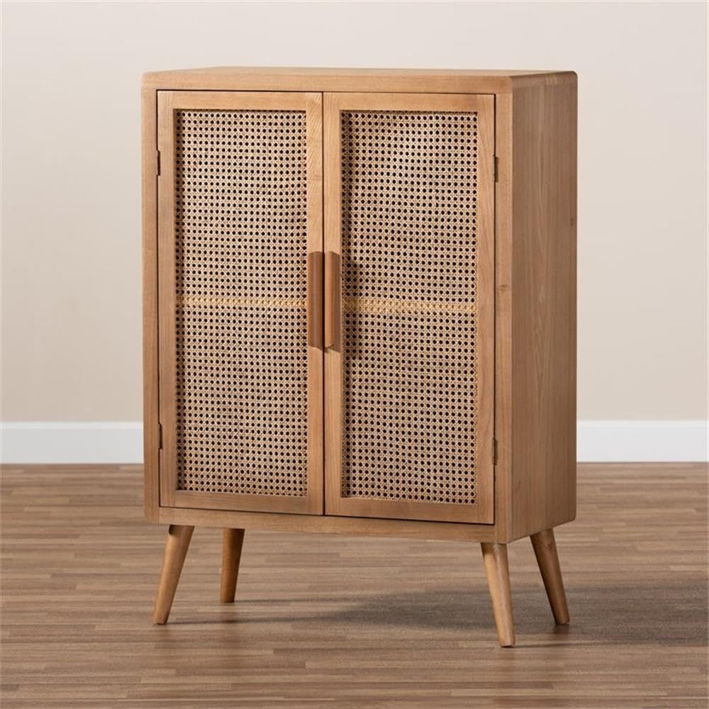 Mid-Century 2-Door Wood/Rattan Storage Cabinet in Oak