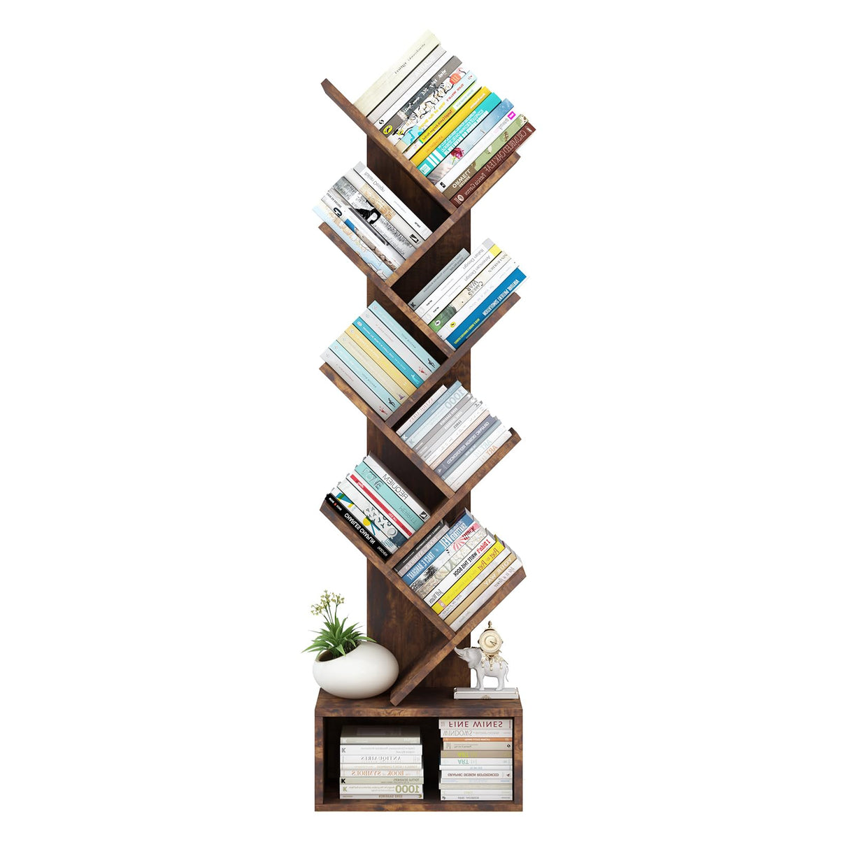 Tree Bookshelf with Storage, 8 Tier Wooden Tall Book Shelf, Floor Standing Bookcase for