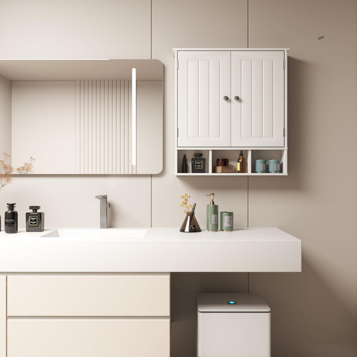 Bathroom Medicine Cabinet 2 Doors with 3 Open Shelves, Over The Toilet Storage