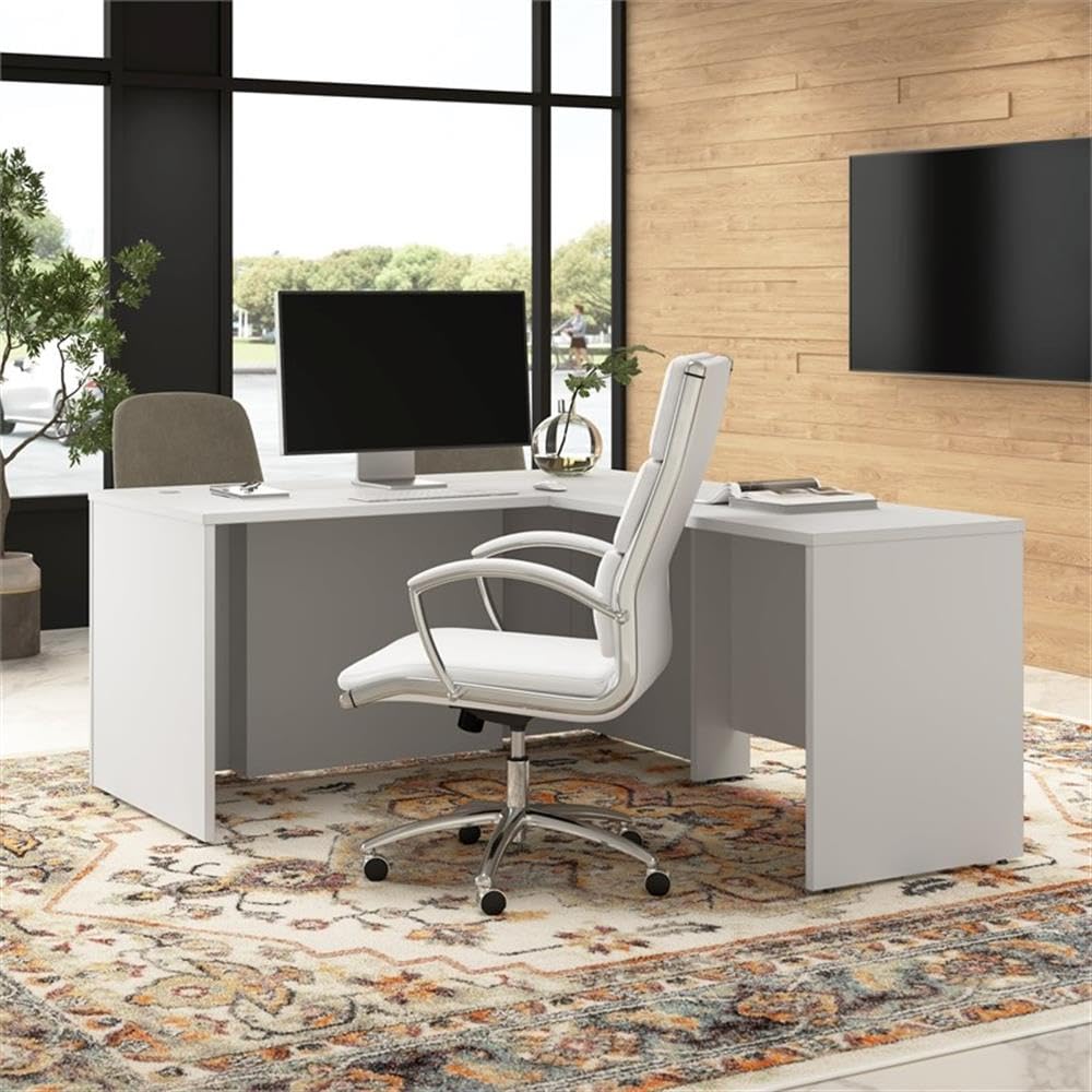 Hampton Heights 60W x 30D Executive L-Shaped Desk in White, Computer Table