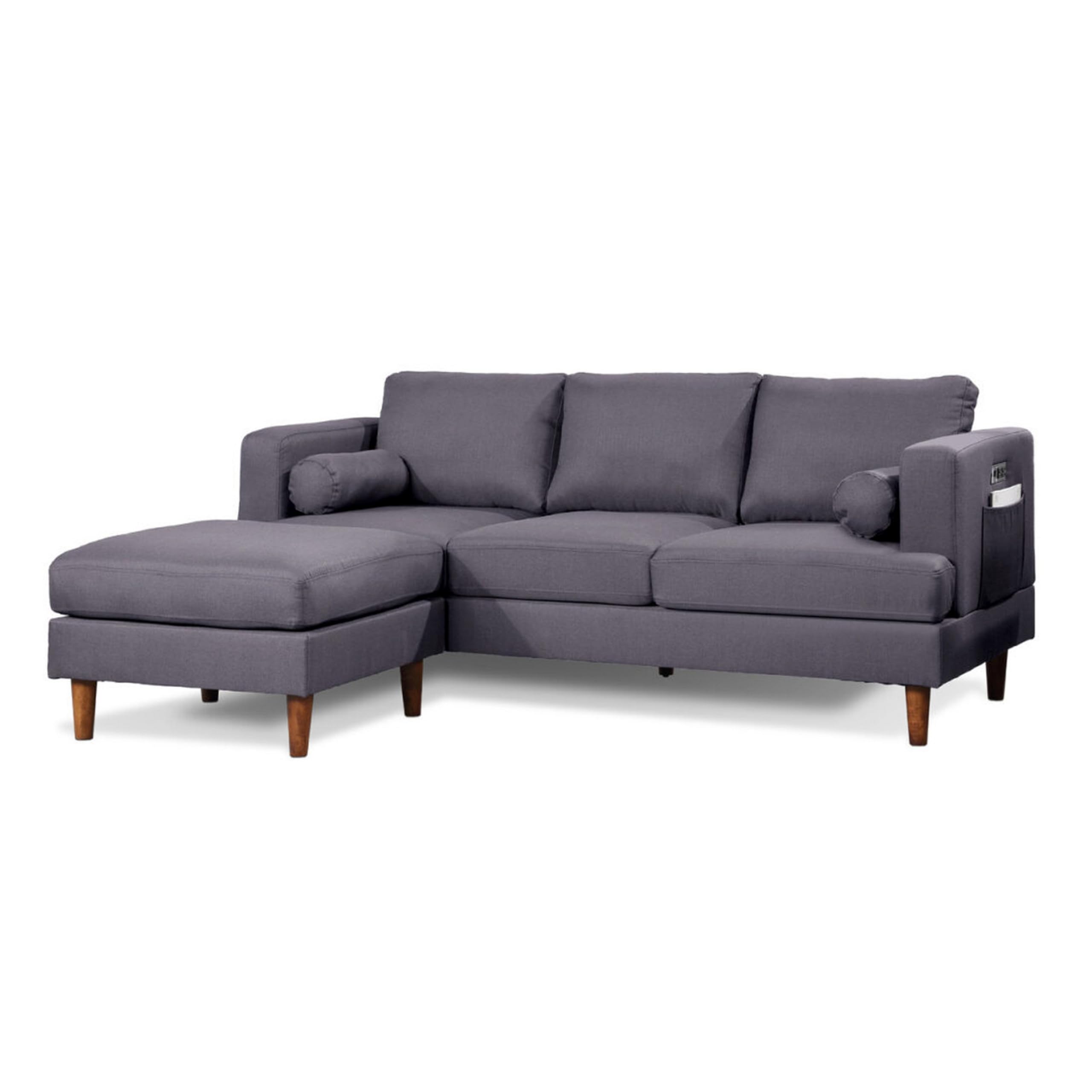 84 Inch Plush Sofa with Reversible Chaise Ottoman, USB, Dark