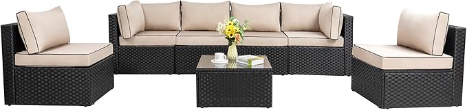 7 Pieces Outdoor Patio Sectional Sofa Couch, Black Wicker Furniture Conversation Sets