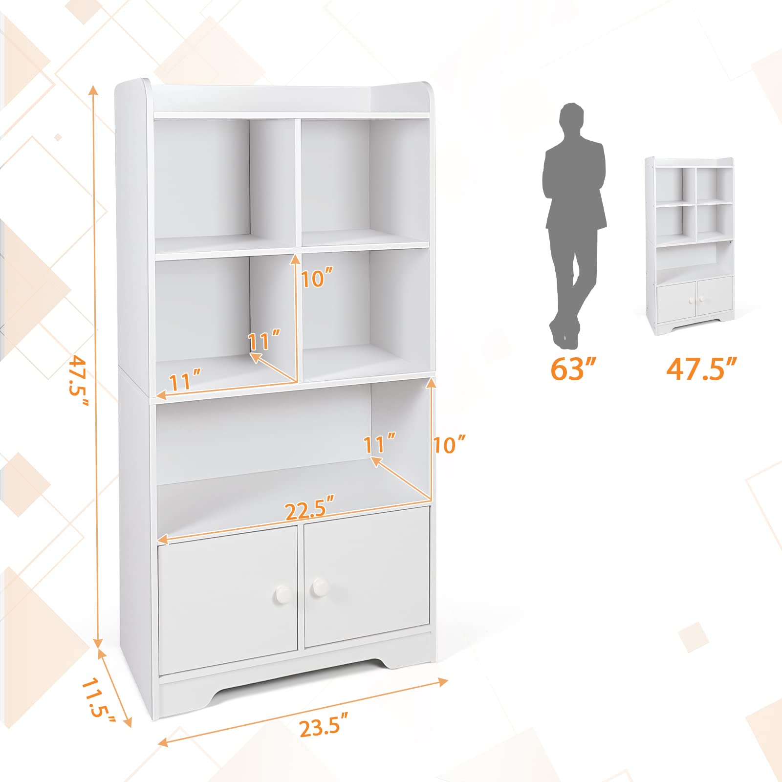 4-Tier Bookcase with Doors, 47.5" Tall Freestanding White Bookshelf with 3 Shelves