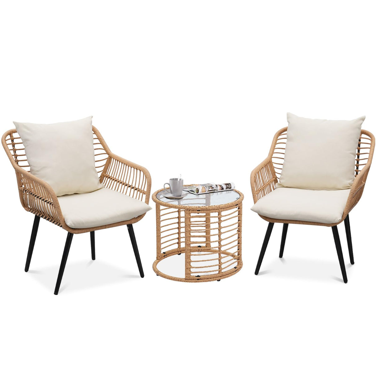 3 Pieces Patio Bistro Set, Outdoor Wicker Chairs Bistro Conversation Sets