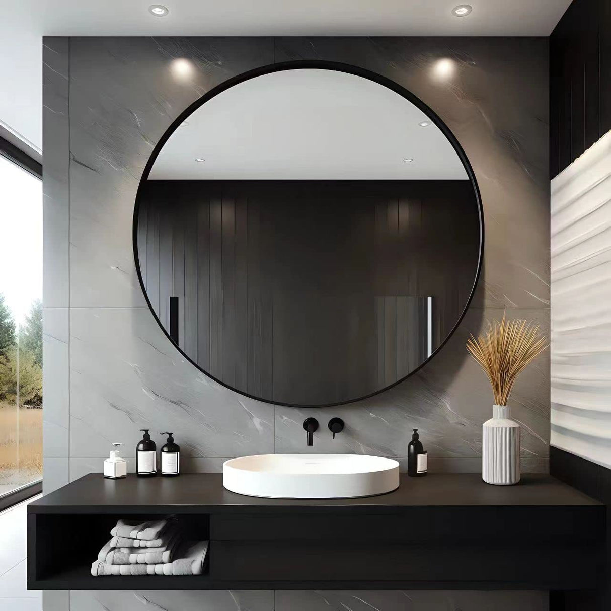 Black Round Mirror – Modern Vanity Mirror with Metal Frame