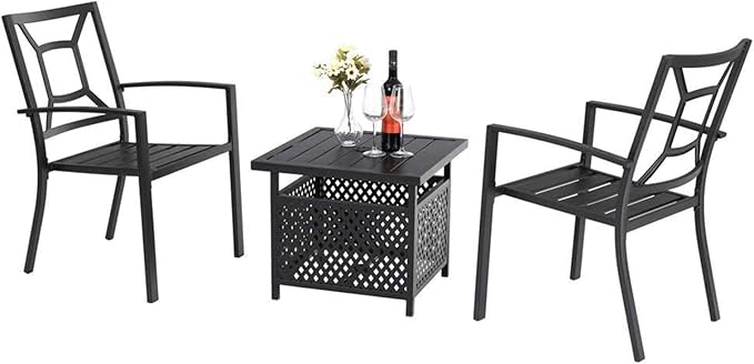 3 Piece Patio Metal Dining Arm Chairs and Umbrella Table Bistro Furniture Set