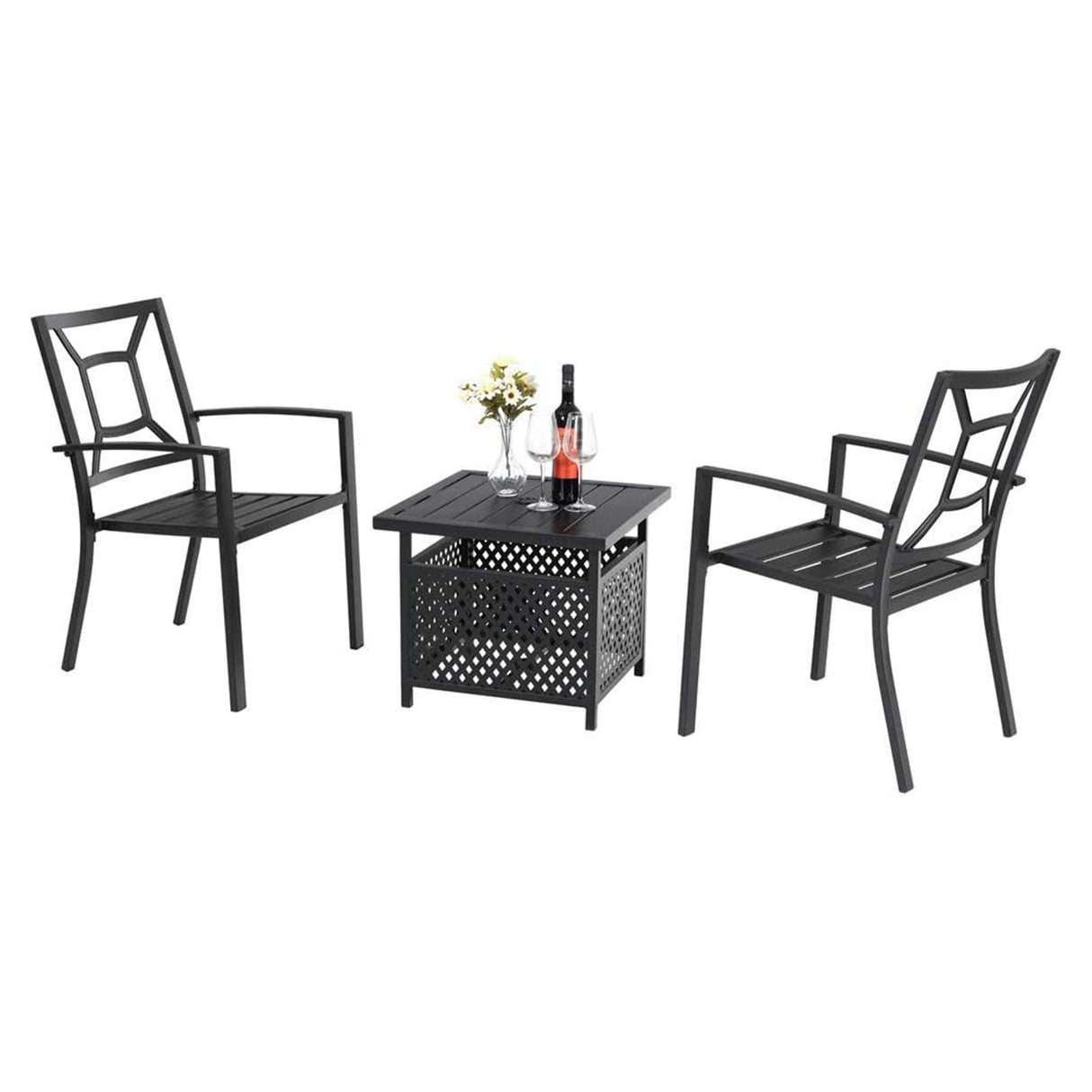3 Piece Patio Metal Dining Arm Chairs and Umbrella Table Bistro Furniture Set