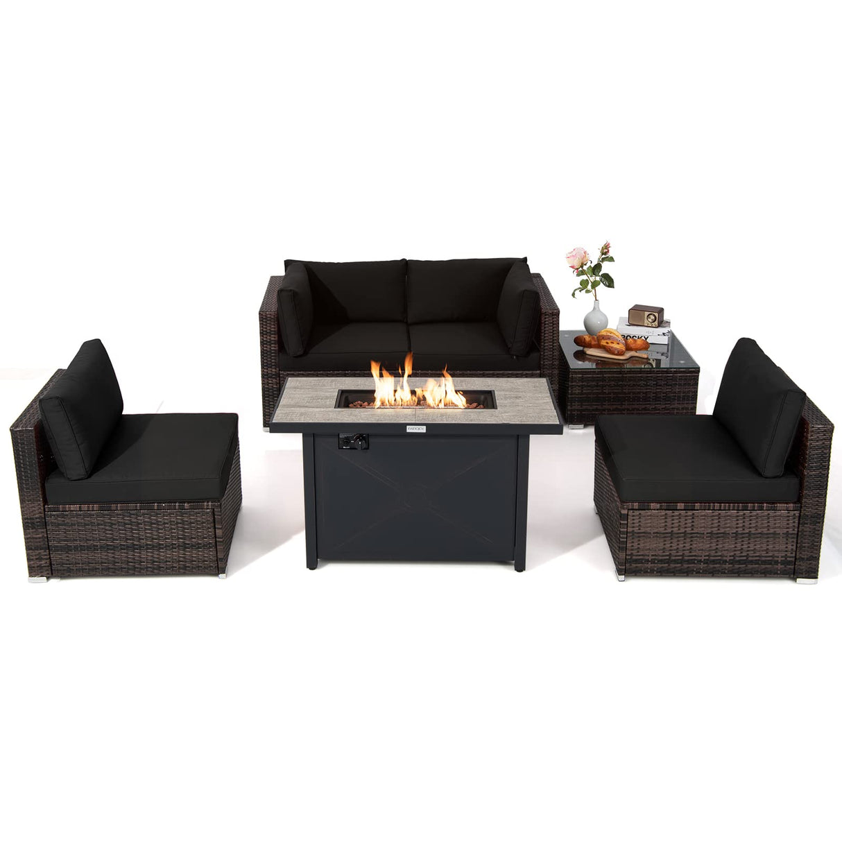 6 Pieces PE Rattan Wicker Sectional Sofa with 42" 60,000 BTU Gas Fire Pit Table