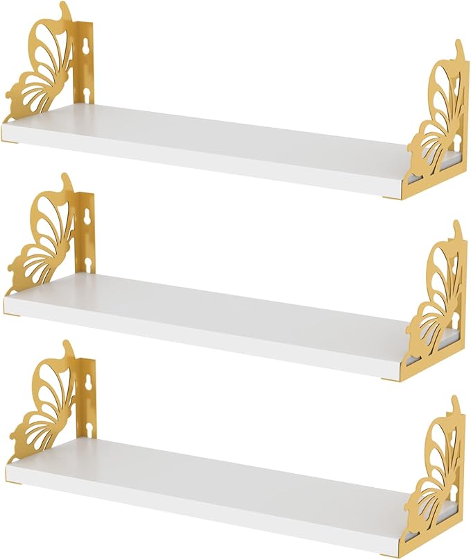 3 Pack Butterfly Wall Shelves, White Gold Floating Book Shelves, for Mother, Mom