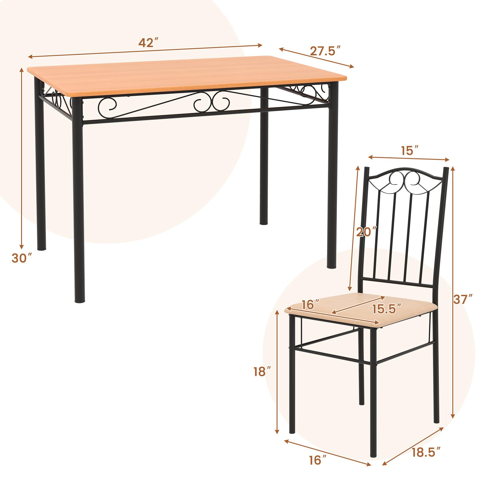 Dining Table Set for 4, Dining Room Table Set with Metal Frame & Padded Seat