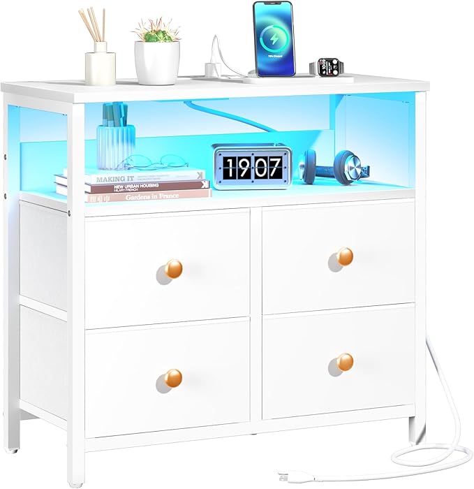 Night Stand with Charge Station, Nightstand with 4 Drawers Bedside Table, LED Dresser