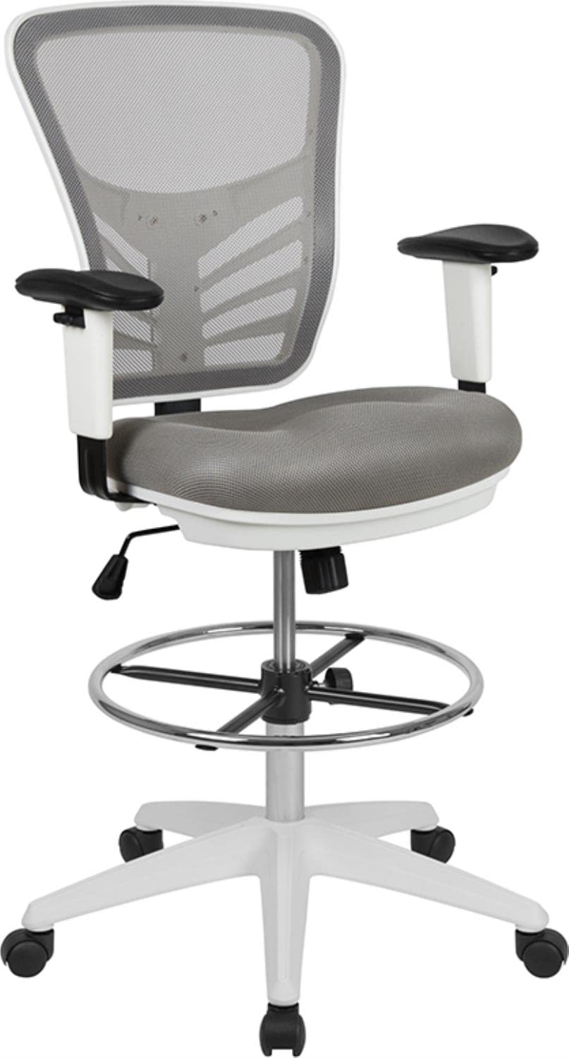 Mid-Back Light Gray Mesh Ergonomic Drafting Chair with Adjustable Chrome Foot Ring, Adjustable Arms and White Frame