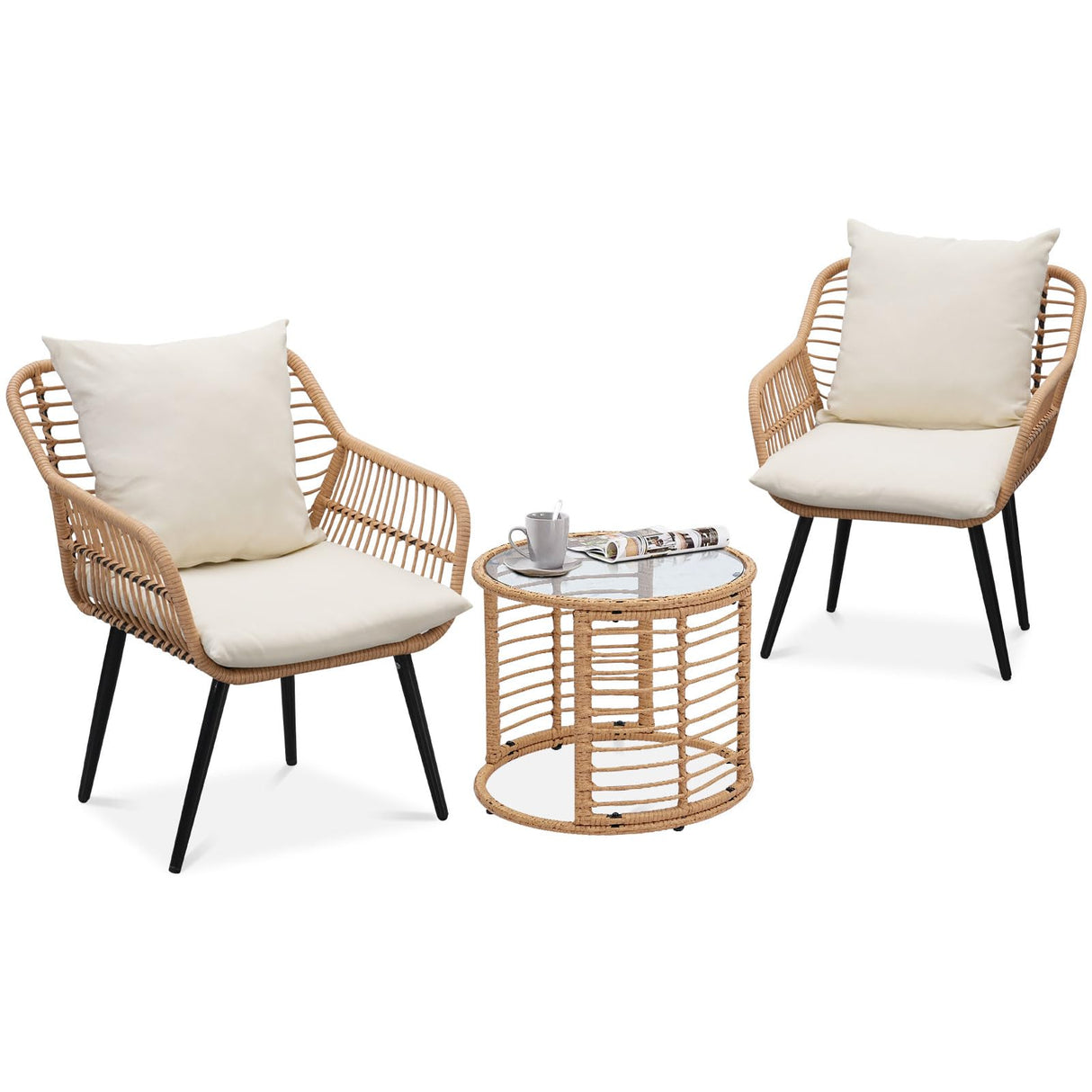 3 Pieces Patio Bistro Set, Outdoor Wicker Chairs Bistro Conversation Sets