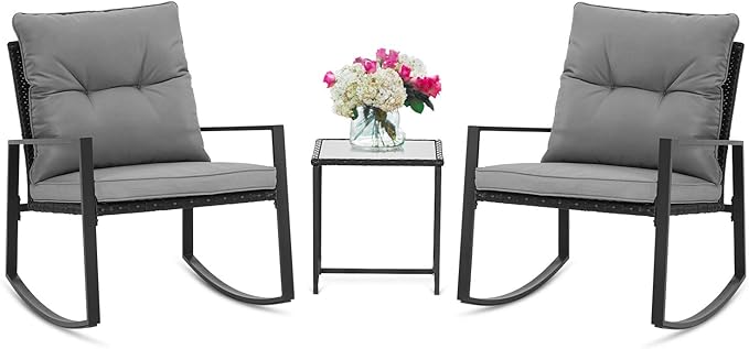 3 Piece Outdoor Rocking Bistro Set Black Wicker Furniture Porch Chairs Conversation Sets with Glass Coffee Table, Beige