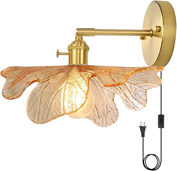 Glass Plug in Wall Light Mid Century Modern Wall Sconce Purple Flower Shade On/Off Switch Gold