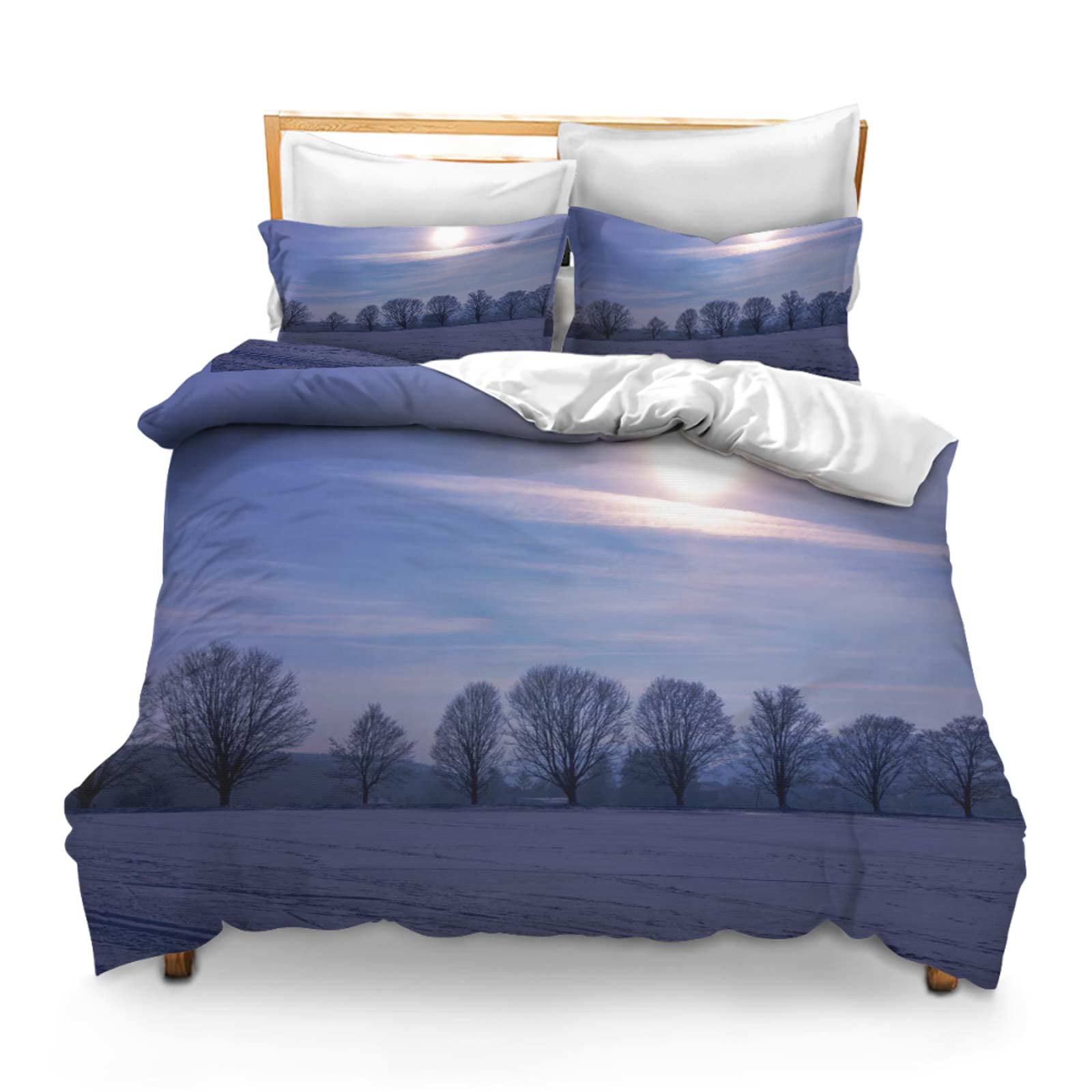 Printed Comforter Cover Set Twin Size Winter Landscape Sun Backlighting Nature Snow