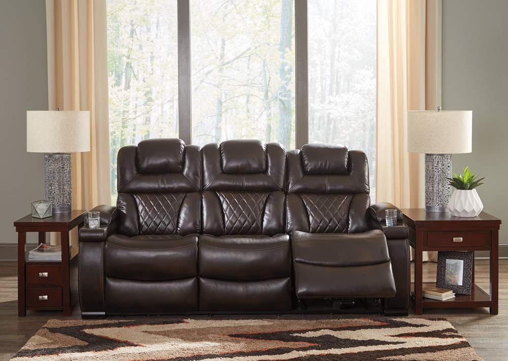 Warnerton Faux Leather Power Reclining Sofa with Adjustable Headrest, Brown