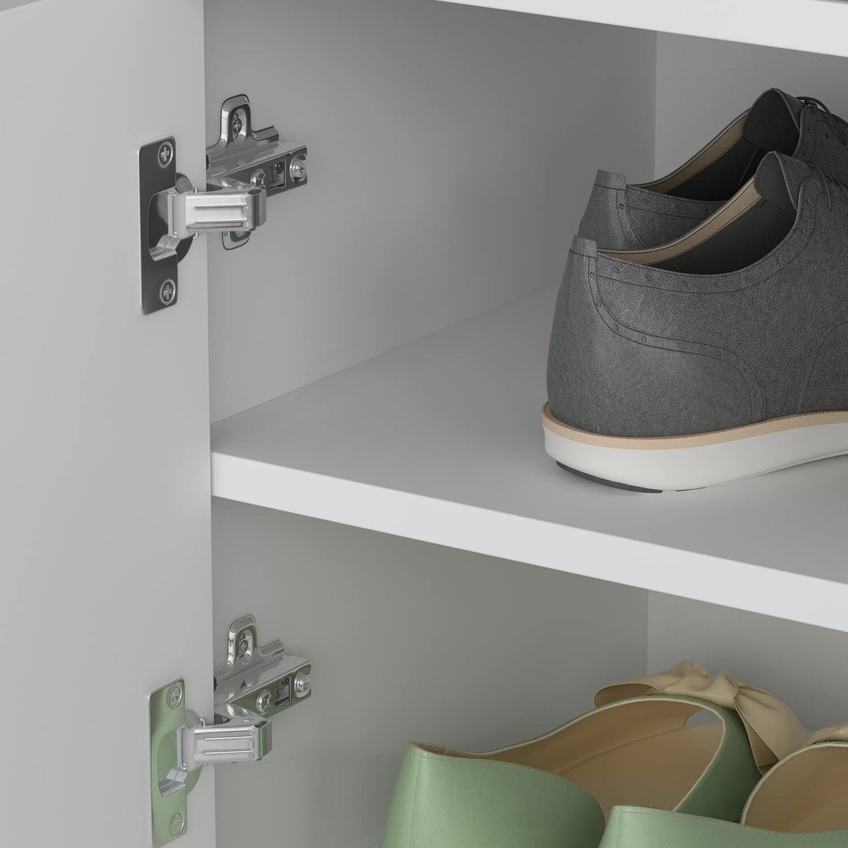 Wood Shoe Storage Bench with Cushion Seat, 2 Doors & 4 Storage Compartments, Entryway Shoe Rack Bench for Bedroom, Hallway, White and Grey (35.8āL x 13.7āW x 18.1āH)