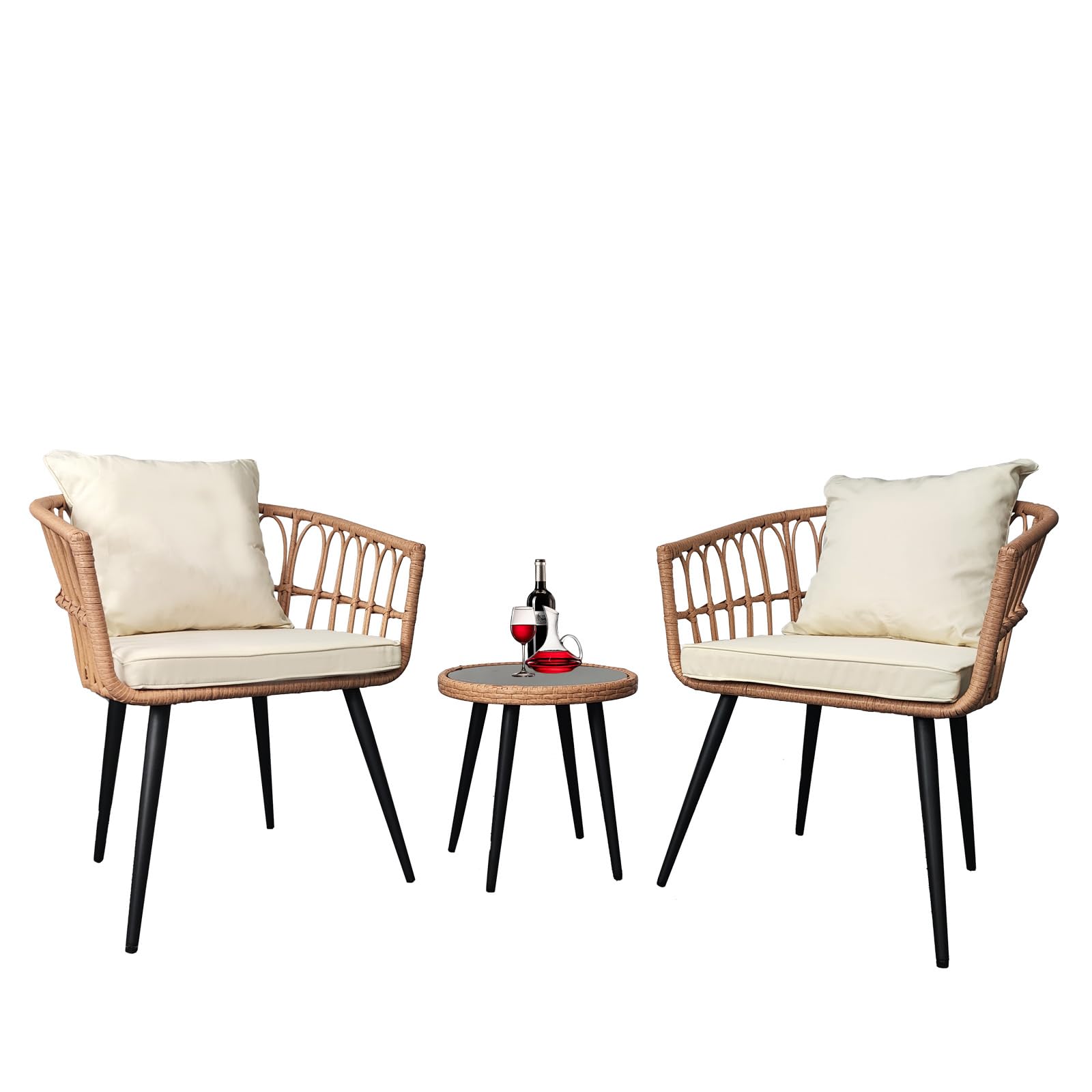 3 Piece Patio Bistro Set, Outdoor Rattan Furniture Set W/ 2 Chairs and Glass Table All-Weather