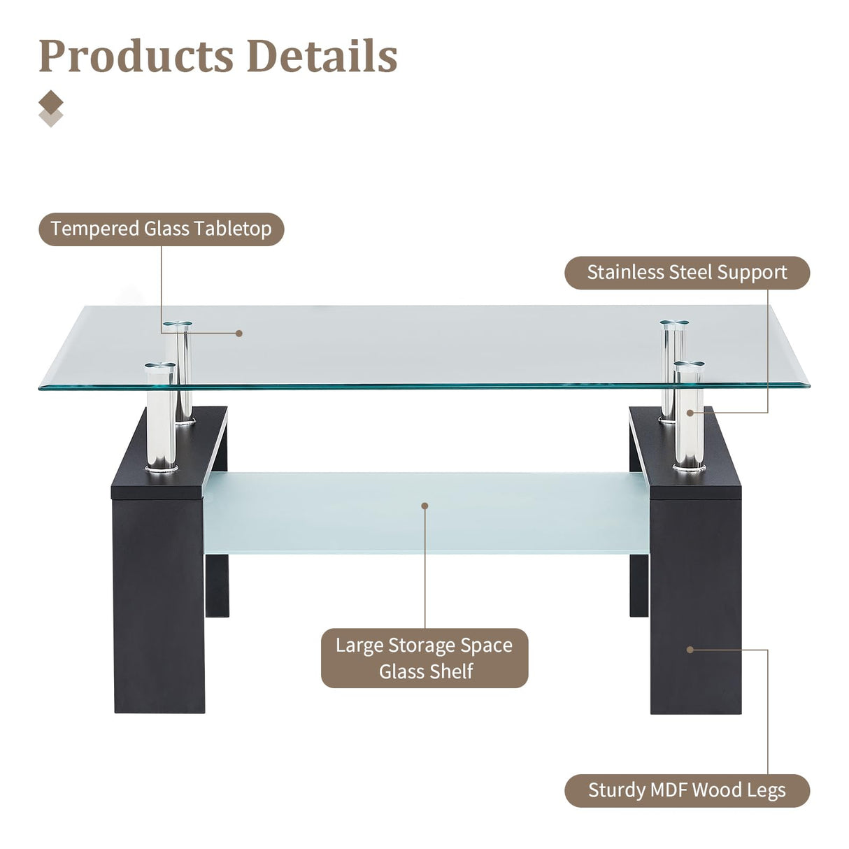 Modern Rectangle Coffee Table, Tempered Glass Center Table with Open Storage Shelf