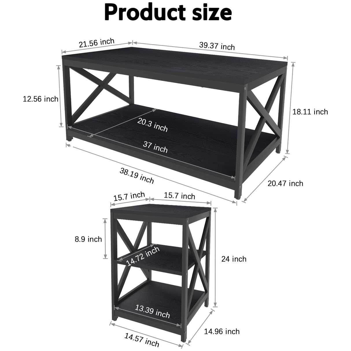 Living Room Coffee Table Set of 3, Industrial X-Design Coffee Table and 2 End Side