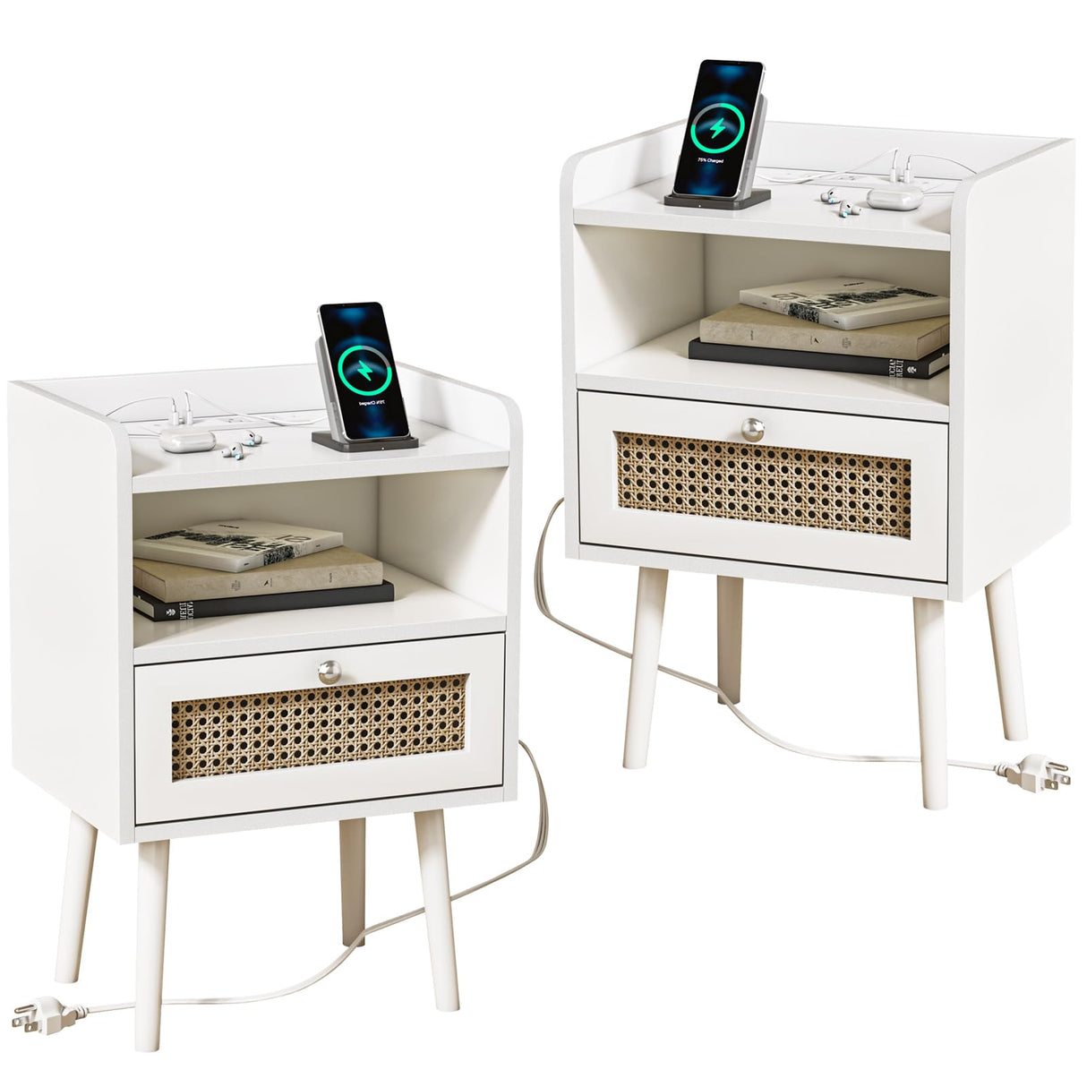 White Nightstand Set of 2 with Charging Station